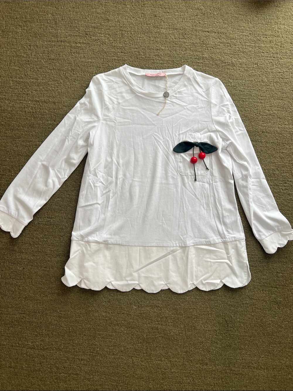 Womens White Long-Sleeve Top with Cherry Accent